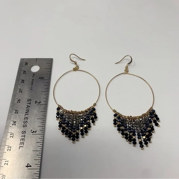 Large Gold Tone Beaded Hoop Boho Dangle Earrings - Picture 4 of 5